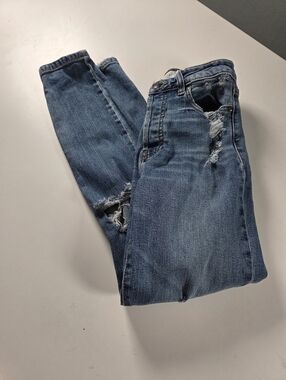 Oasis by Eunina Distressed Straight Blue Stretch Denim Jeans Size 1 Button Fly